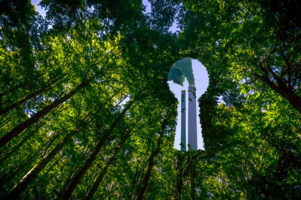 Smoking factory chimneys seen through a keyhole-shaped gap in a leafy canopy